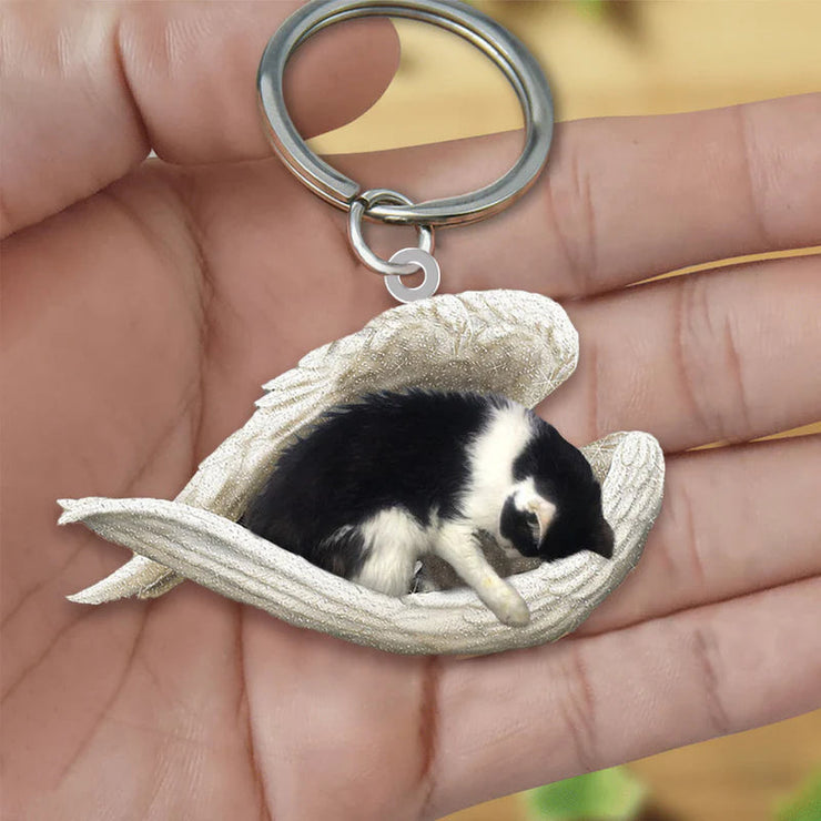 Sleeping Angel Acrylic Keychain Black and White Cat