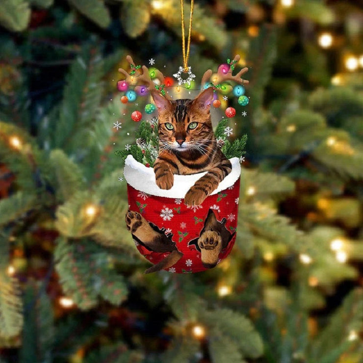 Tiger Cat In Snow Pocket Christmas Ornament SP205