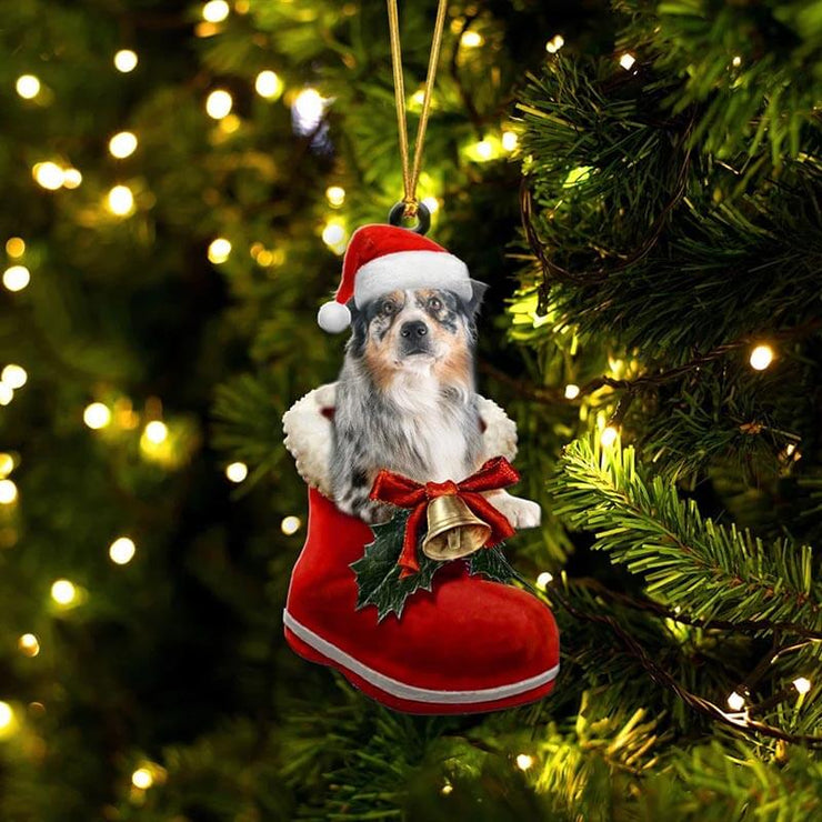 Australian Shepherd In Santa Boot Christmas Hanging Ornament SB050