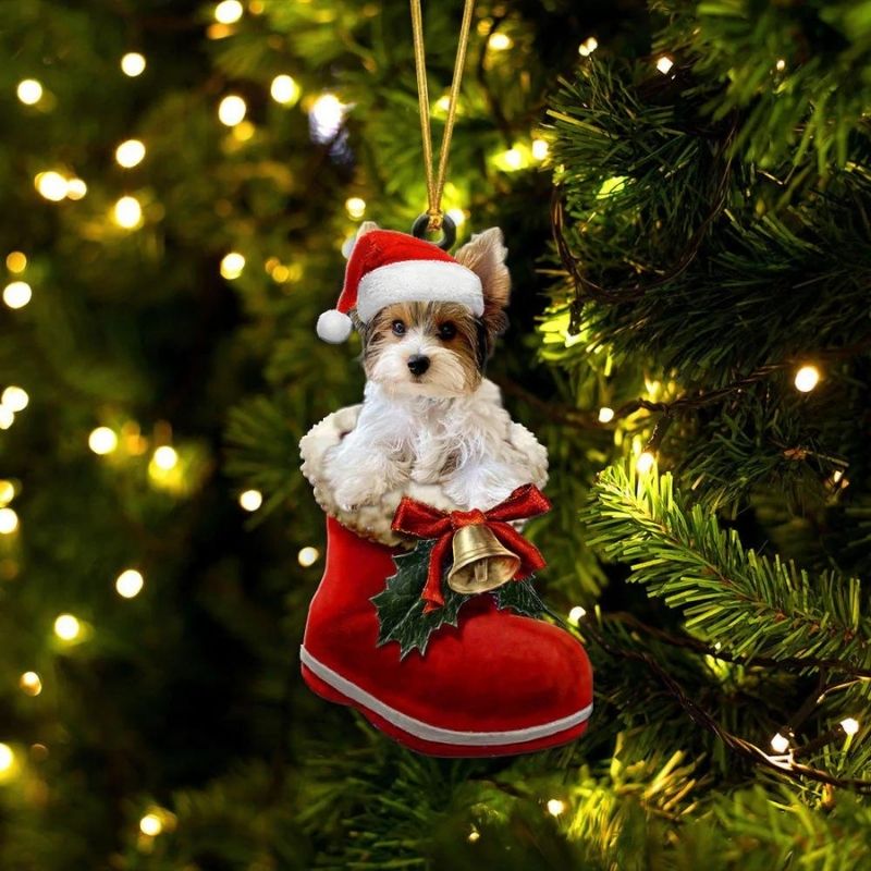 Yorkshire Terrier Parti In Santa Boot Christmas Hanging Ornament SB198